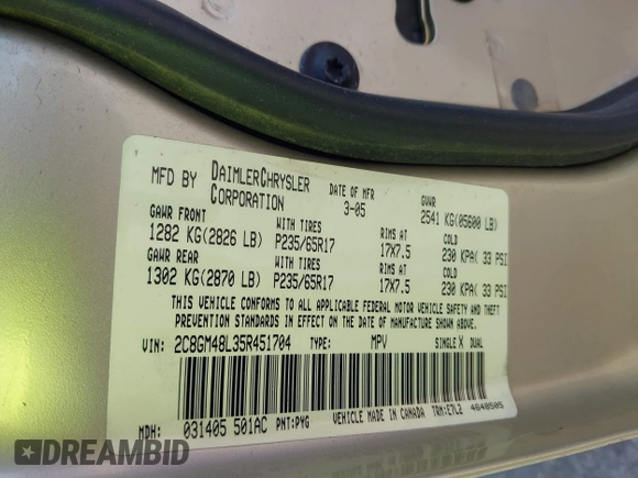 2005 Chrysler Pacifica с VIN 2C8GM48L35R451704, выставлен на аукционе IAAI как лот 42005444 с пробегом 122 456 миль миль и . История ставок и продаж доступна на DreamBid. Изображение 9.