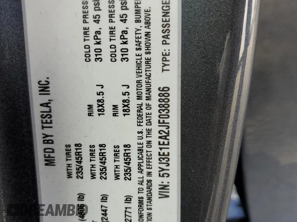 2018 Tesla Model 3 Long Range Battery with VIN 5YJ3E1EA2JF038886, listed as a Copart auction lot 52436365 with 47,548 mi miles and Salvage Title. Bid and sale history available at DreamBid. Image 12.
