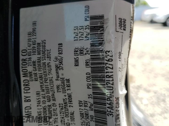 2020 Ford Fusion SE with VIN 3FA6P0LU2LR127623, listed as a Copart auction lot 55437075 with 92,450 mi miles and Salvage title. Bid and sale history available at DreamBid. Image 12.