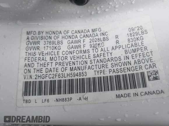 2020 Honda Civic Sedan LX with VIN 2HGFC2F63LH594853, listed as a IAAI auction lot 41805120 with 54,355 mi miles. Bid and sale history available at carsss.com. Image 9.
