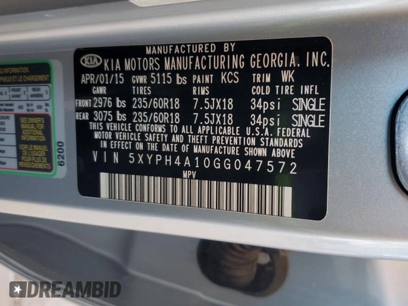 2016 Kia Sorento EX with VIN 5XYPH4A10GG047572, listed as a Copart auction lot 62386285 with 26,705 mi miles and Salvage title. Bid and sale history available at DreamBid. Image 13.