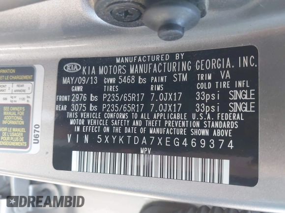 2014 Kia Sorento LX with VIN 5XYKTDA7XEG469374, listed as a IAAI auction lot 40531864 with 108,651 mi miles. Bid and sale history available at carsss.com. Image 9.