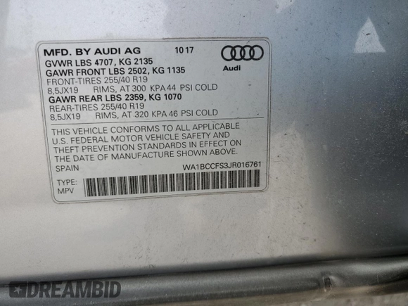 2018 Audi Q3 Premium with VIN WA1BCCFS3JR016761, listed as a Copart auction lot 46091235 with 50,440 mi miles and Salvage Title. Bid and sale history available at carsss.com. Image 15.
