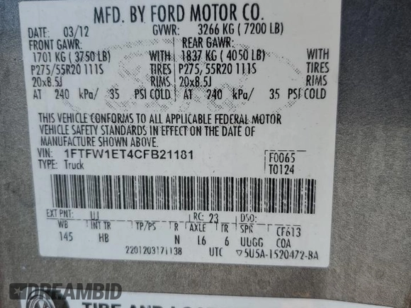 2012 Ford F-150 XL with VIN 1FTFW1ET4CFB21181, listed as a Copart auction lot 57241005 with 234,201 mi miles and Salvage title. Bid and sale history available at DreamBid. Image 12.