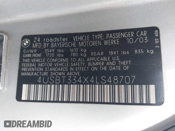 2004 BMW Z4 2.5i with VIN 4USBT334X4LS48707, listed as a IAAI auction lot 41737439 with 92,640 mi miles and . Bid and sale history available at DreamBid. Image 9.