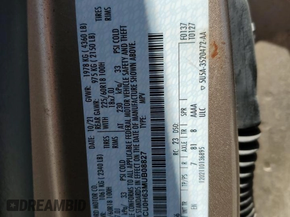 2021 Ford Escape SEL z VIN 1FMCU0H63MUB08827, wystawiony jako Copart lot #53535125 z przebiegiem Nie podano mil oraz Szkoda całkowita • Salvage title. Historia ofert i sprzedaży dostępna na DreamBid. Obrazek 12.