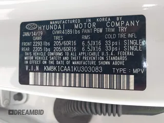 2019 Hyundai Kona SE with VIN KM8K1CAA1KU303083, listed as a IAAI auction lot 42035636 with 71,498 mi miles and . Bid and sale history available at carsss.com. Image 9.
