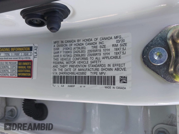 2020 Honda CR-V Touring with VIN 2HKRW2H99LH635892, listed as a IAAI auction lot 41822462 with 41,645 mi miles and . Bid and sale history available at DreamBid. Image 9.
