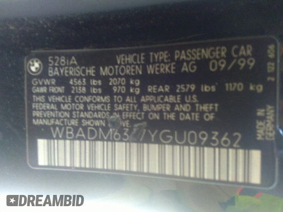 2000 BMW 5 Series 528i z VIN WBADM6347YGU09362, wystawiony jako IAAI lot #31257286 z przebiegiem Nie podano mil oraz . Historia ofert i sprzedaży dostępna na DreamBid. Obrazek 9.