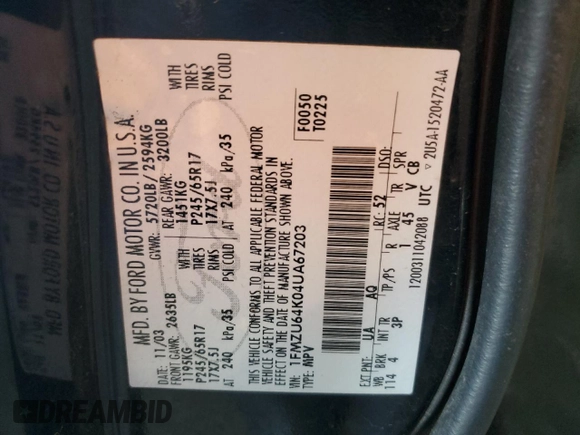 2004 Ford Explorer Eddie Bauer z VIN 1FMZU64K04UA67203, wystawiony jako Copart lot #85607524 z przebiegiem 181 242 mil mil oraz Szkoda całkowita • Salvage title. Historia ofert i sprzedaży dostępna na DreamBid. Obrazek 13.