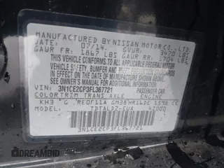 2015 Nissan Note SV с VIN 3N1CE2CP3FL367721, выставлен на аукционе IAAI как лот 42273901 с пробегом 71 265 миль миль и . История ставок и продаж доступна на DreamBid. Изображение 9.