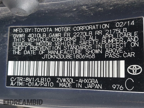 2014 Toyota Prius Four with VIN JTDKN3DU8E1806968, listed as a IAAI auction lot 41982273 with 185,180 mi miles. Bid and sale history available at carsss.com. Image 9.