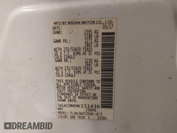 2017 Nissan Murano SL with VIN 5N1AZ2MH0HN151436, listed as a IAAI auction lot 41611214 with 127,500 mi miles and . Bid and sale history available at carsss.com. Image 9.
