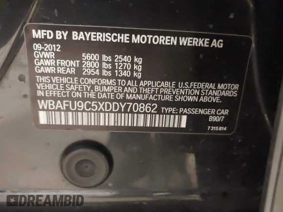 2013 BMW 5 Series 550i xDrive with VIN WBAFU9C5XDDY70862, listed as a IAAI auction lot 42026655 with 157,238 mi miles and . Bid and sale history available at carsss.com. Image 9.