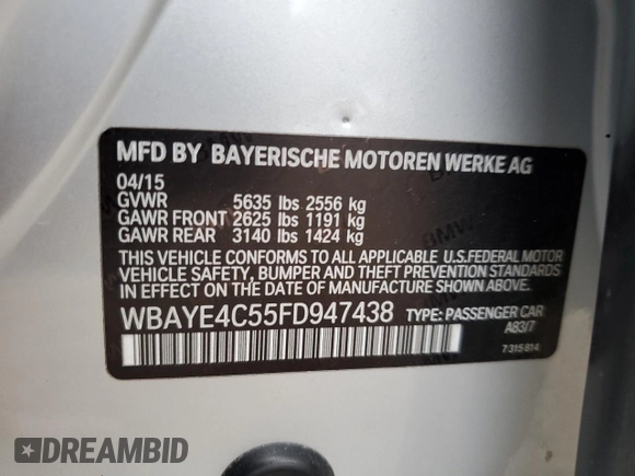2015 BMW 7 Series 740Li with VIN WBAYE4C55FD947438, listed as a Copart auction lot 78046534 with Not Provided miles and Salvage Title. Bid and sale history available at DreamBid. Image 12.
