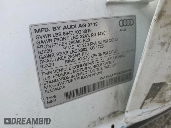 2019 Audi Q7 Prestige with VIN WA1VAAF70KD048164, listed as a Copart auction lot 63155855 with Not provided miles and Salvage title. Bid and sale history available at DreamBid. Image 14.