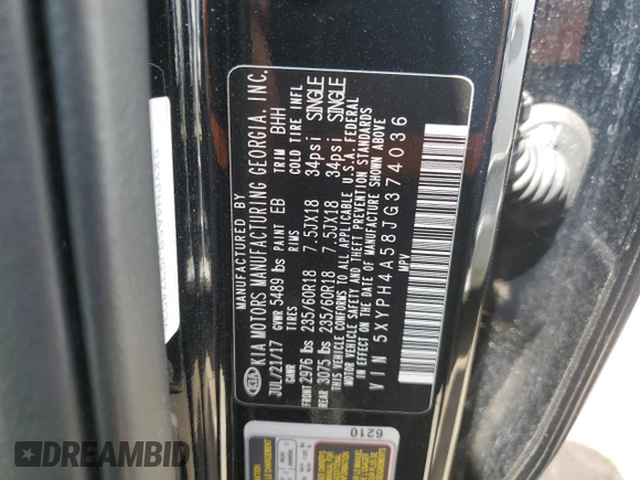 2018 Kia Sorento EX with VIN 5XYPH4A58JG374036, listed as a Copart auction lot 77337694 with 16,795 mi miles and Non Repairable. Bid and sale history available at DreamBid. Image 14.