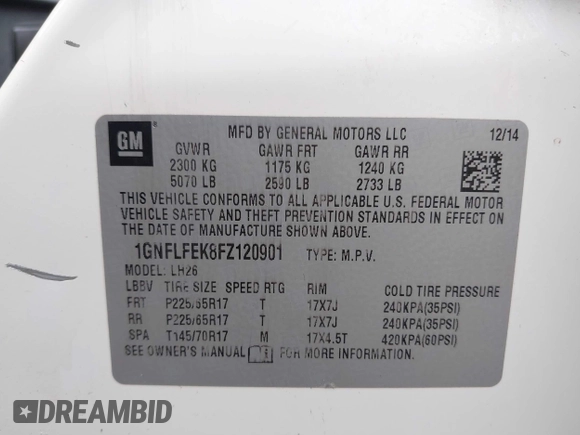 2015 Chevrolet Equinox LT with VIN 1GNFLFEK8FZ120901, listed as a IAAI auction lot 41932140 with 86,624 mi miles and . Bid and sale history available at DreamBid. Image 9.