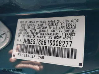 2001 Honda Civic LX with VIN JHMES16581S008277, listed as a IAAI auction lot 41827583 with 1 mi miles. Bid and sale history available at carsss.com. Image 9.