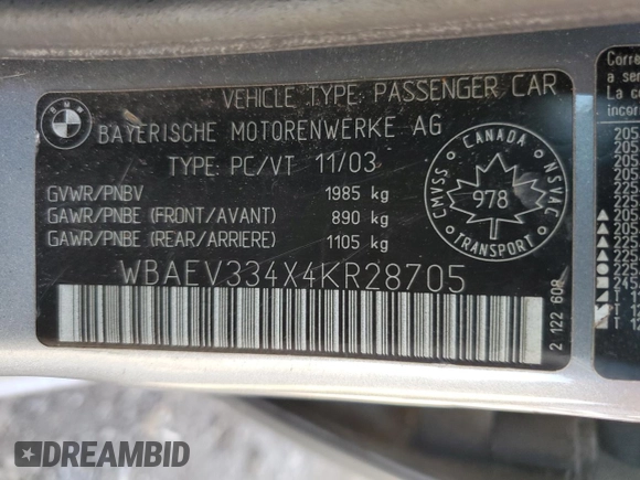 2004 BMW 3 Series 325i with VIN WBAEV334X4KR28705, listed as a Copart auction lot 49687555 with 267,895 mi miles and Clean Title. Bid and sale history available at carsss.com. Image 12.