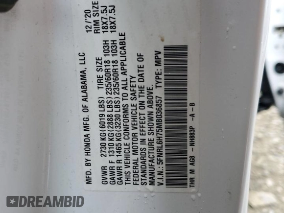 2021 Honda Odyssey EX-L with VIN 5FNRL6H75MB036857, listed as a Copart auction lot 47466245 with Not Provided miles and Salvage Title. Bid and sale history available at DreamBid. Image 15.
