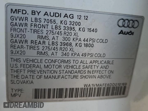 2013 Audi Q7 3.0L TDI Prestige with VIN WA1VMAFE6DD010169, listed as a Copart auction lot 70228684 with 165,599 mi miles and Salvage Title. Bid and sale history available at carsss.com. Image 13.