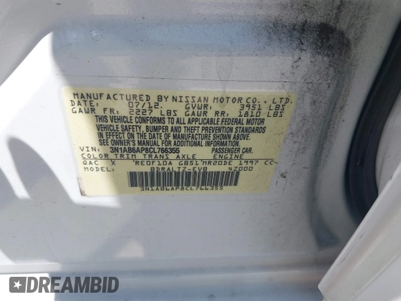 2012 Nissan Sentra S with VIN 3N1AB6AP8CL766355, listed as a IAAI auction lot 42525593 with 120,916 mi miles and . Bid and sale history available at DreamBid. Image 9.