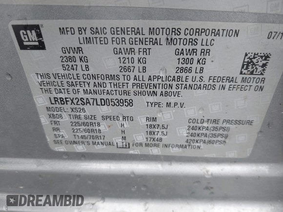 2020 Buick Envision Essence with VIN LRBFX2SA7LD053958, listed as a IAAI auction lot 41248395 with 49,178 mi miles and . Bid and sale history available at DreamBid. Image 9.