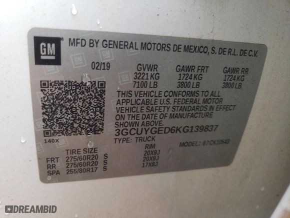 2019 Chevrolet Silverado 1500 LTZ with VIN 3GCUYGED6KG139837, listed as a Copart auction lot 84637324 with 0 mi miles and Salvage Title. Bid and sale history available at carsss.com. Image 12.