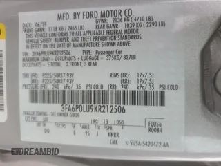 2019 Ford Fusion SE with VIN 3FA6P0LU9KR212506, listed as a Copart auction lot 52276695 with 177,015 mi miles and Salvage Title. Bid and sale history available at DreamBid. Image 12.