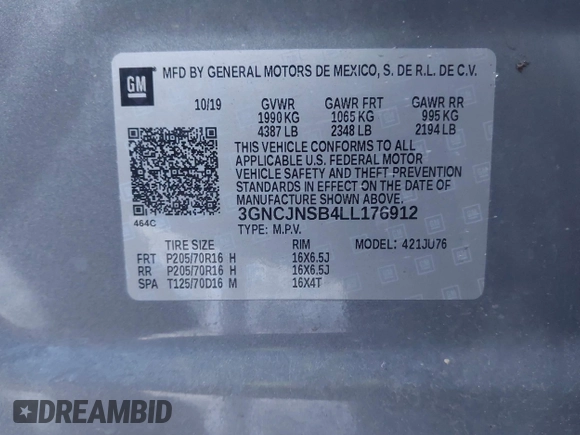 2020 Chevrolet Trax LS with VIN 3GNCJNSB4LL176912, listed as a IAAI auction lot 41746543 with 101,389 mi miles. Bid and sale history available at carsss.com. Image 9.