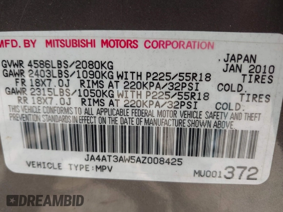 2010 Mitsubishi Outlander z VIN JA4AT3AW5AZ008425, wystawiony jako IAAI lot #42396551 z przebiegiem 134 165 mil mil oraz . Historia ofert i sprzedaży dostępna na DreamBid. Obrazek 9.