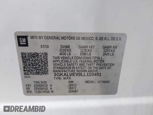 2020 GMC Terrain SLT with VIN 3GKALVEV0LL110491, listed as a IAAI auction lot 42222932 with 89,322 mi miles and . Bid and sale history available at DreamBid. Image 9.