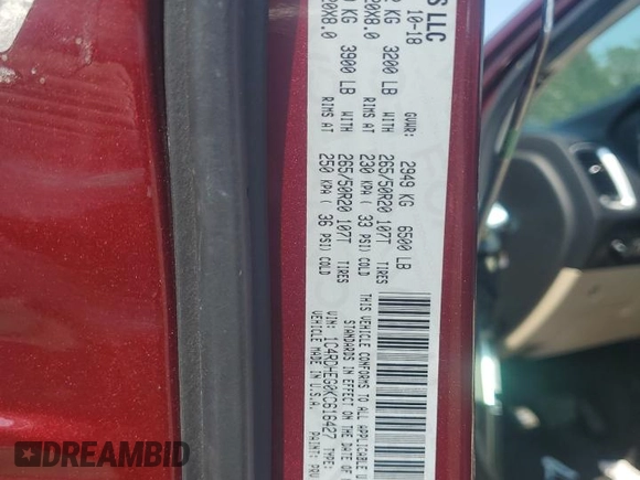 2019 Dodge Durango Citadel with VIN 1C4RDHEG0KC616427, listed as a Copart auction lot 69182504 with 56,091 mi miles and Salvage Title. Bid and sale history available at DreamBid. Image 13.