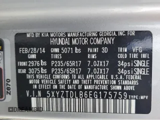 2014 Hyundai Santa Fe with VIN 5XYZTDLB6EG175759, listed as a Copart auction lot 59322125 with 154,074 mi miles and Salvage title. Bid and sale history available at DreamBid. Image 13.