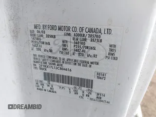 2003 Ford F-150 XL with VIN 2FTRX17L13CB04616, listed as a IAAI auction lot 41114369 with Not provided miles and . Bid and sale history available at DreamBid. Image 9.