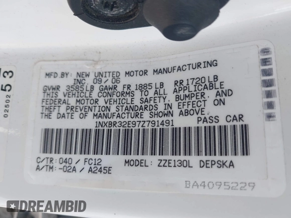 2007 Toyota Corolla CE with VIN 1NXBR32E97Z791491, listed as a IAAI auction lot 42059323 with 189,949 mi miles and . Bid and sale history available at DreamBid. Image 9.