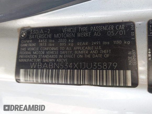 2001 BMW 3 Series 330Ci with VIN WBABN534X1JU35879, listed as a IAAI auction lot 41596963 with 206,953 mi miles. Bid and sale history available at carsss.com. Image 9.