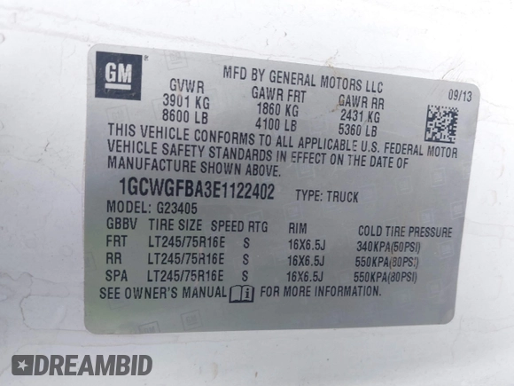 2014 Chevrolet Express Cargo Van with VIN 1GCWGFBA3E1122402, listed as a IAAI auction lot 41795180 with 1 mi miles. Bid and sale history available at carsss.com. Image 9.