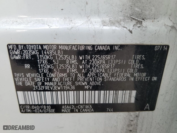 2014 Toyota RAV4 LE with VIN 2T3ZFREV3EW119436, listed as a Copart auction lot 47596795 with 116,307 mi miles and Salvage Title. Bid and sale history available at carsss.com. Image 16.