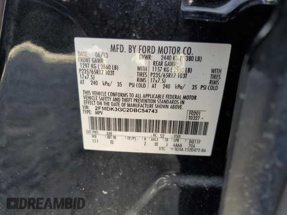 2013 Ford Edge SE with VIN 2FMDK3GC2DBC54743, listed as a Copart auction lot 59802575 with 98,463 mi miles and Salvage title. Bid and sale history available at DreamBid. Image 13.