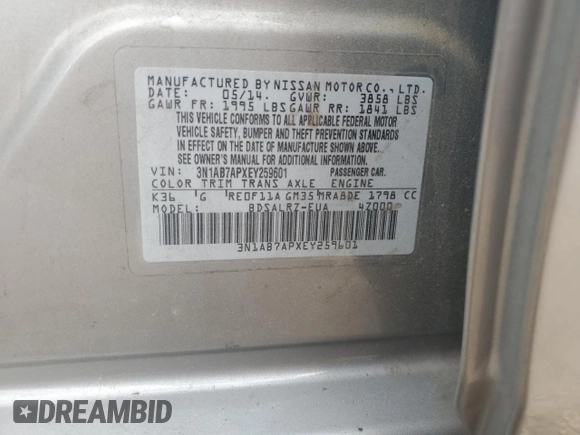 2014 Nissan Sentra SR z VIN 3N1AB7APXEY259601, wystawiony jako Copart lot #59144195 z przebiegiem 99 834 mil mil oraz Szkoda całkowita • Salvage title. Historia ofert i sprzedaży dostępna na DreamBid. Obrazek 12.