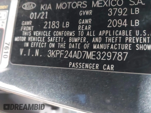 2021 Kia Forte LXS with VIN 3KPF24AD7ME329787, listed as a IAAI auction lot 41976938 with 134,385 mi miles and . Bid and sale history available at DreamBid. Image 9.