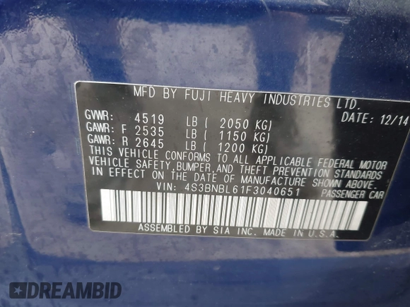 2015 Subaru Legacy Limited z VIN 4S3BNBL61F3040651, wystawiony jako IAAI lot #42427074 z przebiegiem 180 414 mil mil oraz . Historia ofert i sprzedaży dostępna na DreamBid. Obrazek 9.