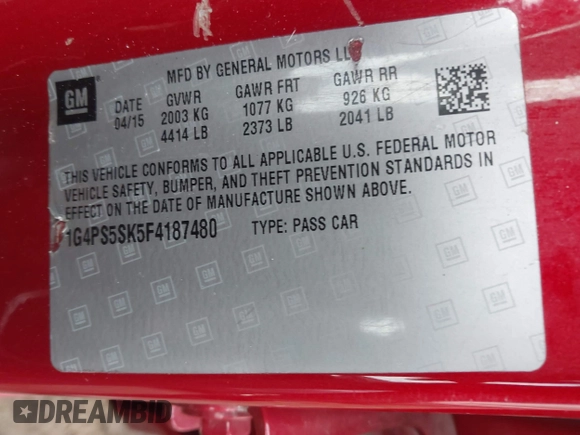 2015 Buick Verano Group with VIN 1G4PS5SK5F4187480, listed as a IAAI auction lot 41643223 with 133,941 mi miles and . Bid and sale history available at DreamBid. Image 9.