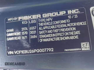 2023 Fisker Ocean Extreme z VIN VCF1EBU26PG007792, wystawiony jako IAAI lot #41808090 z przebiegiem Nie podano mil oraz . Historia ofert i sprzedaży dostępna na DreamBid. Obrazek 9.