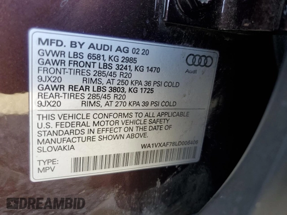 2020 Audi Q7 Prestige with VIN WA1VXAF78LD006406, listed as a Copart auction lot 42026085 with 83,208 mi miles and Clean title. Bid and sale history available at DreamBid. Image 13.
