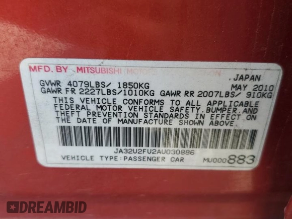 2010 Mitsubishi Lancer ES with VIN JA32U2FU2AU030886, listed as a Copart auction lot 75766834 with 117,501 mi miles and Salvage Title. Bid and sale history available at carsss.com. Image 12.