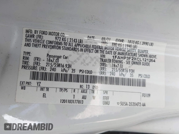 2012 Ford Focus SE с VIN 1FAHP3F2XCL121264, выставлен на аукционе IAAI как лот 42243139 с пробегом 189 442 миль миль и . История ставок и продаж доступна на DreamBid. Изображение 9.