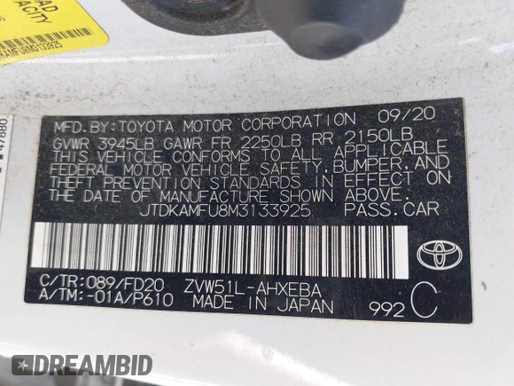 2021 Toyota Prius L Eco with VIN JTDKAMFU8M3133925, listed as a IAAI auction lot 41966660 with 115,193 mi miles. Bid and sale history available at carsss.com. Image 9.